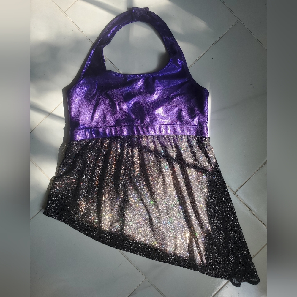 Purple Sparkle Halter Sports Bra Top Glitter Black Mesh Curtain CC Dancewear